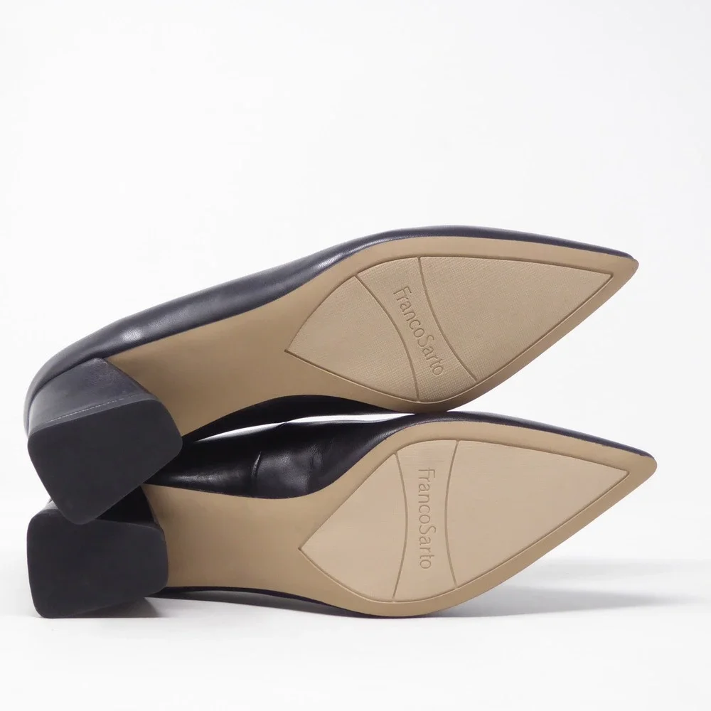 NEW Franco Sarto Womens Racer Pumps Black Leather Pointed Toe Block Heel 7.5M